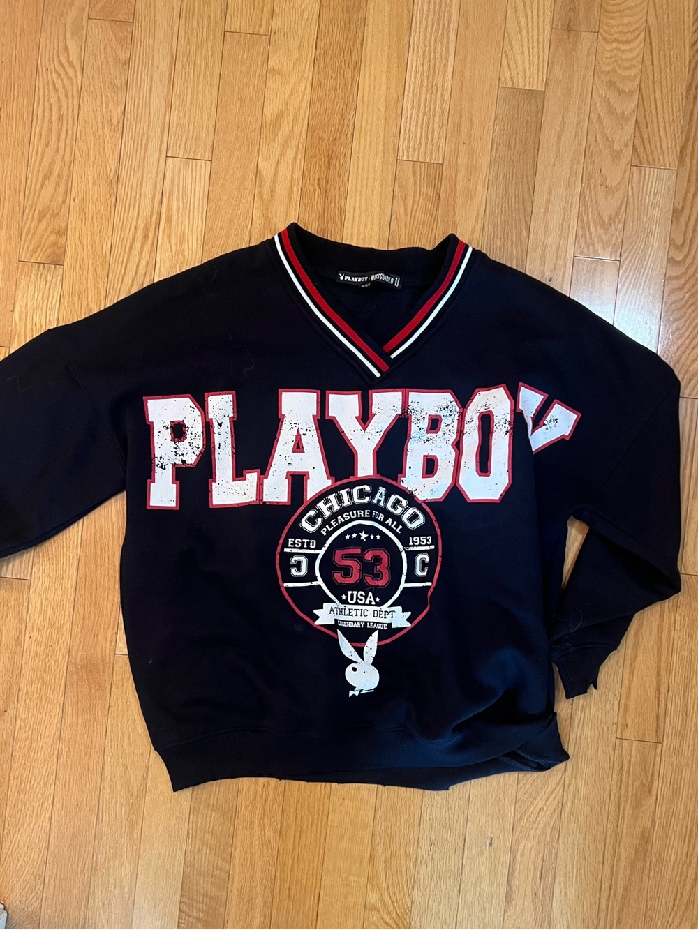 PLAYBOY Black V-Neck Sweater with Red & White Graphic